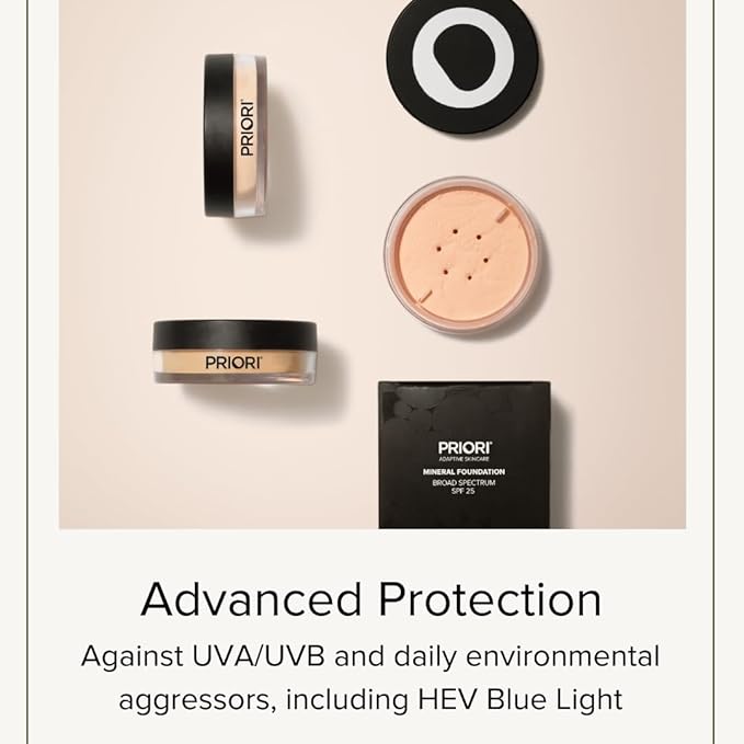 PRIORI Skincare Mineral Foundation, Natural Loose Make Up Powder, Sunscreen Protection, Advanced Skin Correction, Recommended for Sensitive Complexion (Medium 10, 7 Grams)
