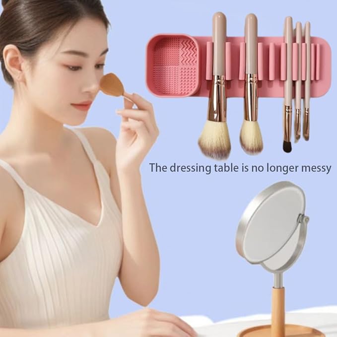 henshuo Suction Wall Makeup Brush Silicone Holder,Makeup Brush Drying Rack Suction Wall,Cosmetic Brushs Silicones Storage Rack,1 Piece,Pink