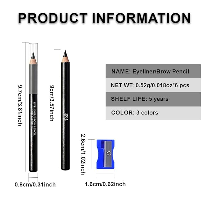 Eyebrow Pencils for Women with Sharpener, 6Pcs Hard-Core Wooden Eye Brow Eye Liner Pencils for Beginner Makeup, Waterproof & Sweat-Proof (6Pcs-Black)