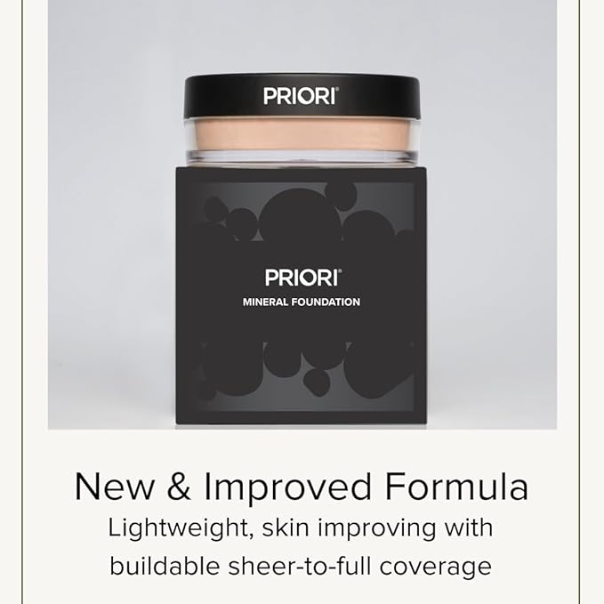 PRIORI Skincare Mineral Foundation, Natural Loose Make Up Powder, Sunscreen Protection, Advanced Skin Correction, Recommended for Sensitive Complexion (Light, 7 Grams)