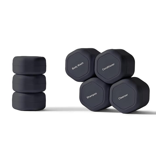 Cadence Travel Containers - Daily Routine Capsule Set - Magnetic Containers with Lids,4 Flex Mediums (1.32oz) & 3 Flex Smalls (0.56oz) - Shampoo, Conditioner, Body Wash, Pills, & More - Charcoal
