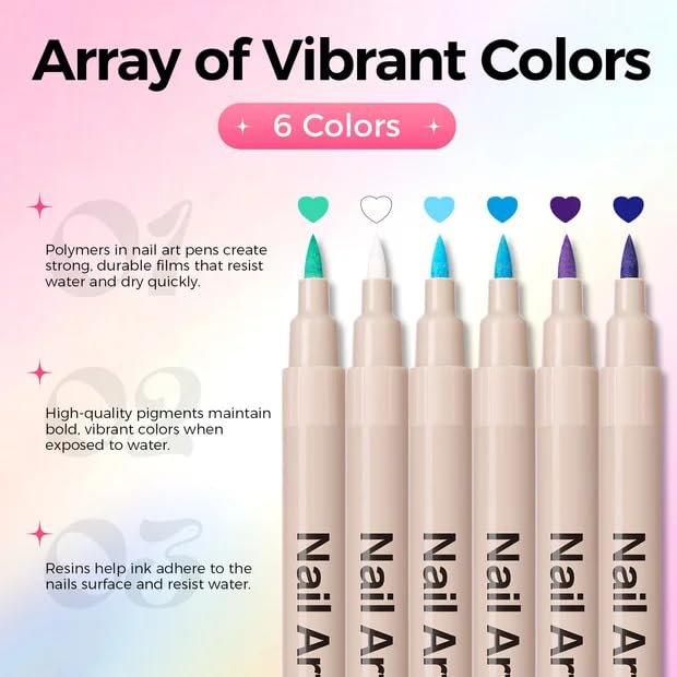 GELLAKTIK 6 Colors Nail Art Pens Set, 3D Nail Polish Pens Quick-Drying Acrylic Paint Markers, Dotting Liner Brush for DIY Nail Design, Home & Salon Manicure Tools