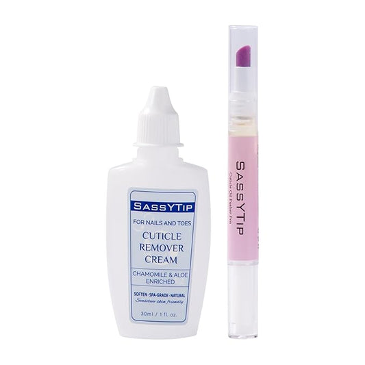 SASSYTIP Cuticle Care Duo: Cuticle Remover Gel & Ceramic Pusher Pen | Instant Dead Skin Removal & Deep Hydration | For Salon-Smooth Nails, Gel & Press-On Prep | 1 fl oz + 2ml Oil Pen (Pink&Gel)