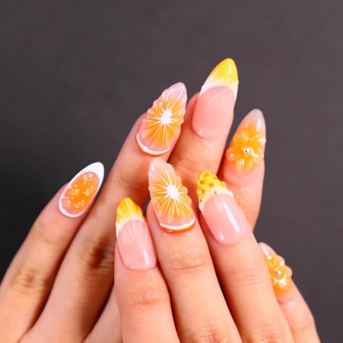 MAGLFELL Press on Nails Medium Length Almond Fake Nails, 3D Shell Nails Design,10 Pcs Reusable ABS Material Finger Painting Nail Tip Salon Artificial Nails for Women (Size S)