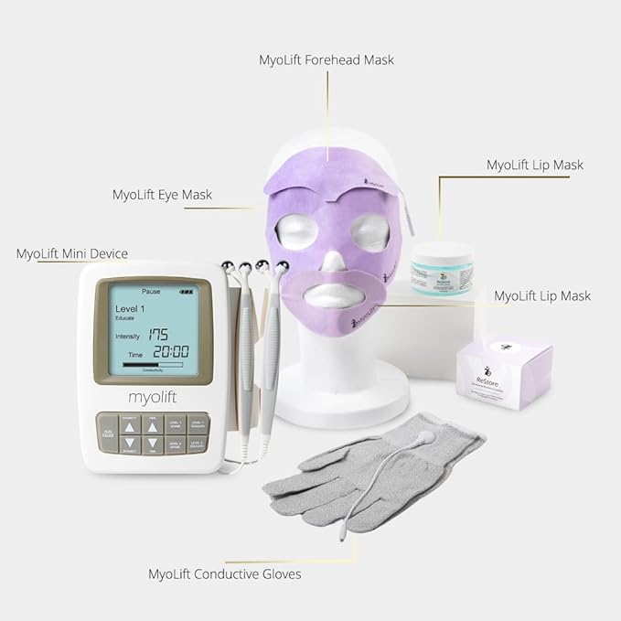 7E Wellness MyoLift Mini Bundle – Mini Microcurrent Facial Device with Conductive Eye Mask, Forehead & LipMasks, Conductive Gloves & RestoreGel –Non-Invasive Skin Care for Anti-Aging & Skin Tightening