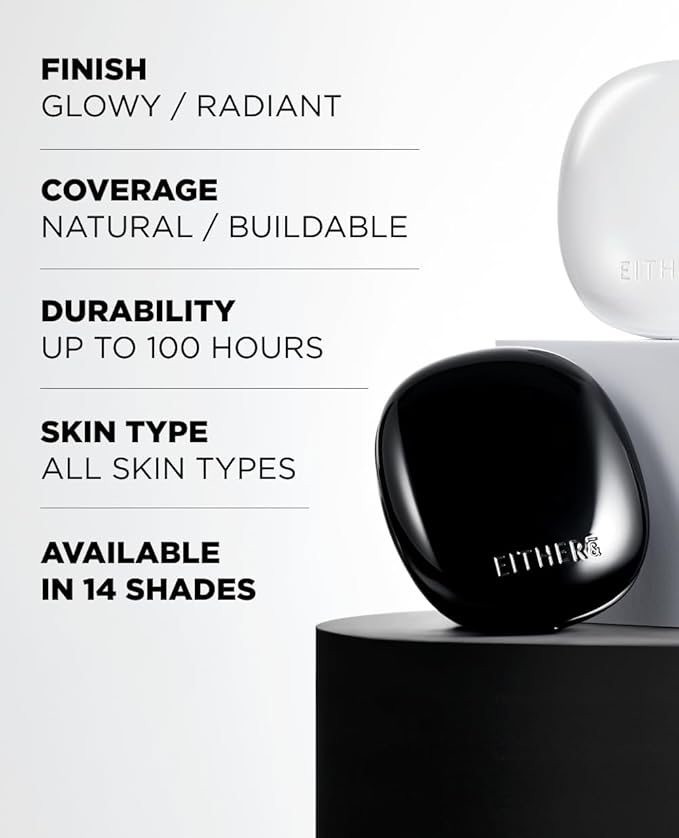 EITHER& Glow Pixel Cushion Foundation, Skincare Formula, Dewy Glass Skin, Lightweight & Long-Lasting 100H Wear, Buildable Hydrating Korean Cushion (17N Vanilla, 12g)