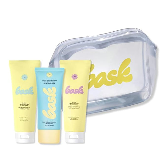 Bask Sunscreen Carry-on Kit: Travel Size Bundle with Beach and Travel Pouch | SPF 30 & 50 Sheer Moisturizing Sunscreen Lotion, Daily Invisible Gel SPF 40 Face Sunscreen, & Convenient Travel Pouch