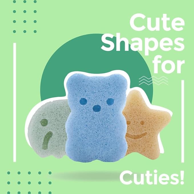 myHomeBody Konjac Baby Sponge for Bathing, Cute Shapes Natural Kids Bath loofah for Infants, Toddler, Newborns, Safe Plant-Based, 3pc. Set: Elephant, Bear & Star