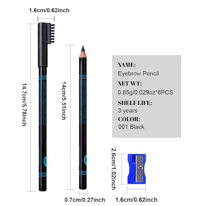 Eyebrow Pencils for Women with Sharpener, 6Pcs Hard-Core Wooden Eye Brow Eye Liner Pencils for Beginner Makeup, Waterproof & Sweat-Proof (Brown-6Pcs)