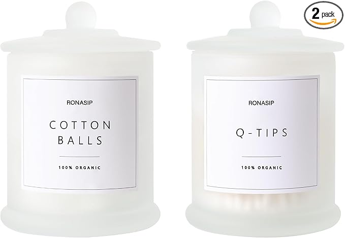 Ronasip Qtip Holder & Cotton Pad Dispenser, Bathroom Organizer and Storage Canisters, 16oz Glass Apothecary Jars for Kitchen, Restroom - Home Decor, Room Decor Aesthetic (2 Pack, Frosted White)