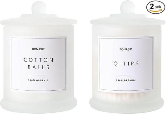 Ronasip Qtip Holder & Cotton Pad Dispenser, Bathroom Organizer and Storage Canisters, 16oz Glass Apothecary Jars for Kitchen, Restroom - Home Decor, Room Decor Aesthetic (2 Pack, Frosted White)