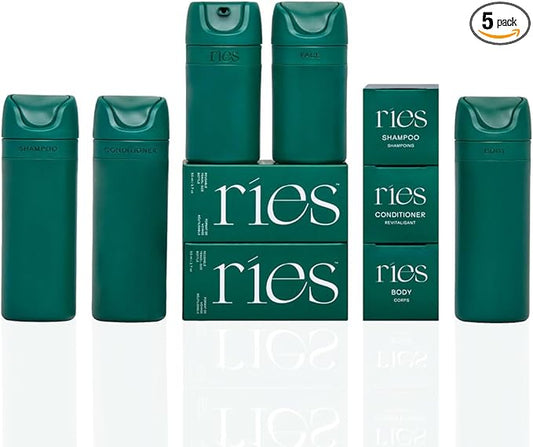 RIES Essential Refillable Toiletry Travel Bottles – Set of 5 (3.4oz & 1.7oz) Airless Pump Containers for Shampoo, Conditioner, Body, Face – Leak-Proof, TSA-Approved, Dishwasher Safe- Escapade Green