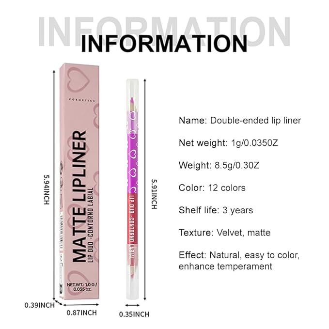 Dual-Ended Crayon Matte Lip Liner Pencil Waterproof Long-Lasting Lip Liner & Lipstick – Pink Purple & Magenta – Smudge-Proof, Hydrating, High Pigment Lip Contour Pen for Flawless Lip Makeup 05#