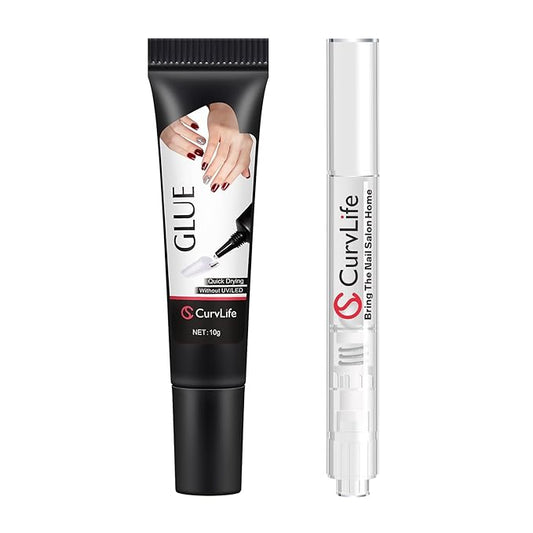 Curvlife 10g Semi Solid Nail Glue Gel with 5ml Nail Glue Remover Pen, No Need for Uv Light, Valentine's Day Gifts Gel Glue for Press On Nails, Click&Remove Pen