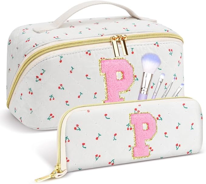 Personalized Travel Makeup Bag Set, Initial Cute Cherry Makeup Organizer Bag, Toiletry Skincare Cosmetic Bag, Valentine’s Day Gifts for Women/Girls, Open Flat Toiletry Pouch with Brush Pocket