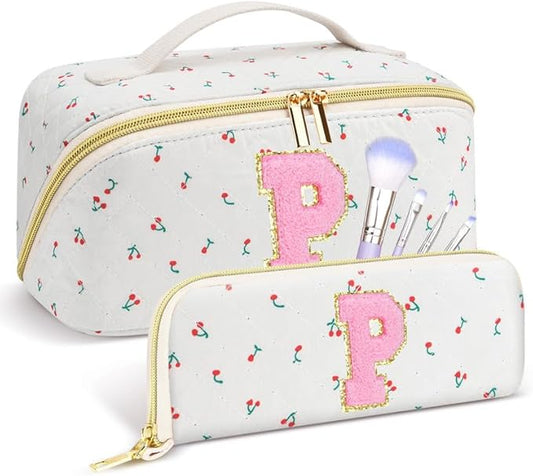 Personalized Travel Makeup Bag Set, Initial Cute Cherry Makeup Organizer Bag, Toiletry Skincare Cosmetic Bag, Valentine’s Day Gifts for Women/Girls, Open Flat Toiletry Pouch with Brush Pocket