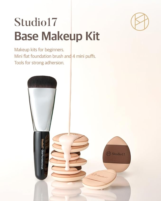 Studio17 Mini Flat Foundation Brush & Small Puff Set | Small Makeup Brush Set with 4 Mini Sized Puffs | Kit for Liquid Foundation Makeup for Base | 0.06mm Micro Synthetic Bristle & Case Pack Included