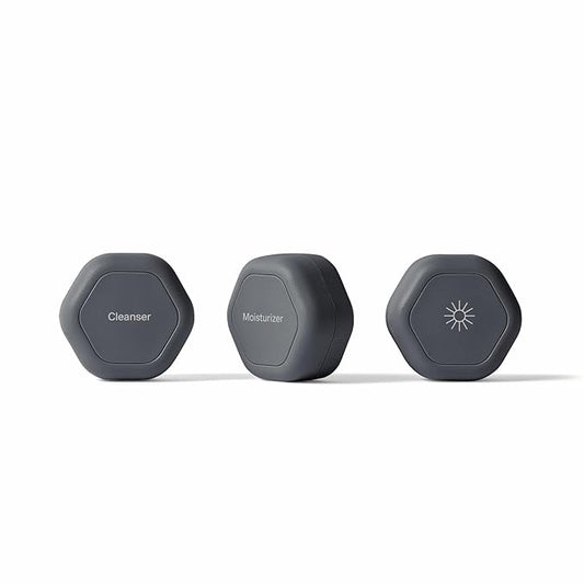 Cadence Travel Containers Basic Skincare Set - Magnetic Containers with Lids,Carry On Travel Essentials For Women/Men - 3 Small Capsules (0.56oz) - Cleanser, Moisturizer & Sun-Icon Labels - Charcoal