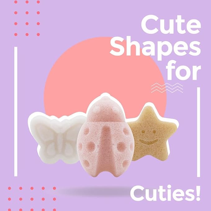 myHomeBody Konjac Baby Sponge for Bathing, Cute Shapes Natural Kids Bath loofah for Infants, Toddler, Newborns, Safe Plant-Based, 3pc. Set: Butterfly, Ladybug, Star