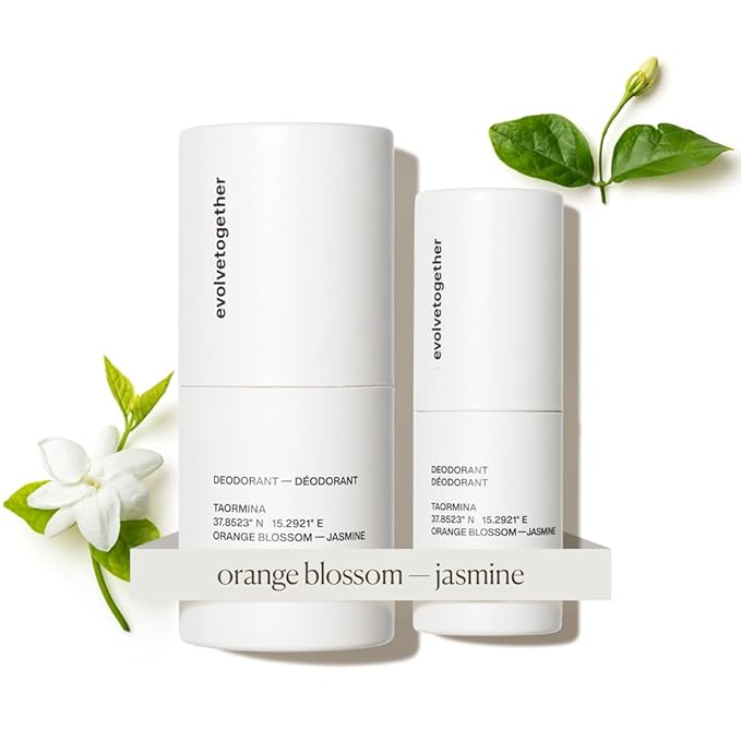 evolvetogether Aluminum Free Natural Deodorant Duo for Women & Men | Orange Blossom & Jasmine | Neutralizes Odors, Soothes Skin | Vegan & Cruelty-Free | Made in USA (Taormina, 1.69 Oz)