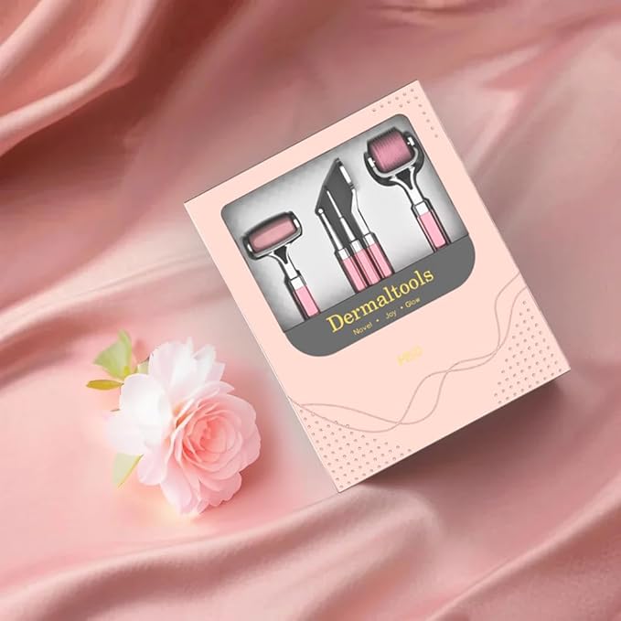 Natural Rose Quartz Facial Roller Set – Skincare Tools Kit with Gua Sha, Derma Roller & Exfoliating Wand – Cooling Face Massage for Refreshed Skin – Luxury Gift Box for Women