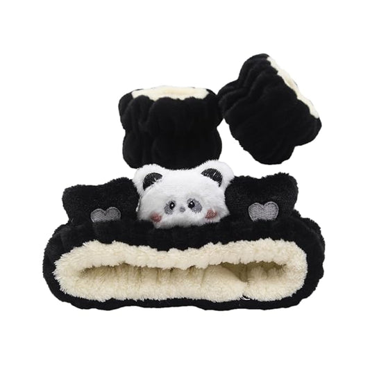 PERFECTSIGHT 2 Pack Cute Animal Headbands for Makeup Wash Shower Adjustable Elastic Hair Band for Girls and Women (Black White Panda)