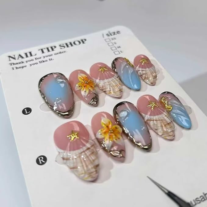 MAGLFELL Press On Nails - Handmade Medium Length Almond French Tip Fake Nails, Shell Painting Design, Reusable Artificial Almond False Nails for Women 10 Pcs Acrylic Nails Kit (Size L)