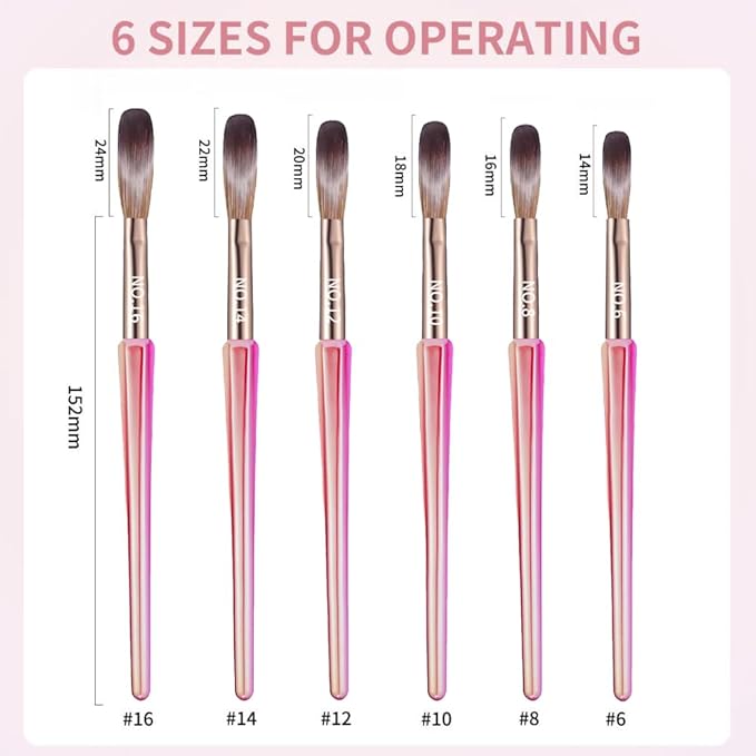 DAIXIANGER 6Pcs Acrylic Nail Brush Set, Size 6/8/10/12/14/18 - Professional Nail Brushes for Acrylic Application Powder & Nail Extension, 3D Nail Carving Tools for DIY Home Salon Manicure-Pink