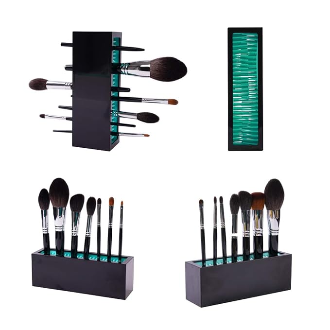 Makeup Brushes Holder Organizer, Silicone Vanity Air Drying Rack Display Storage for Brush, Eyeliners and More, Practical Cosmetic Tools Container (Blue-Black)