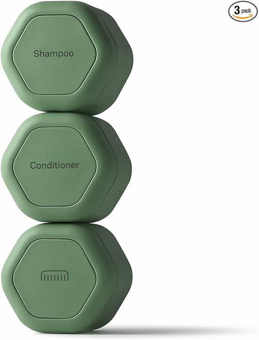 Cadence Travel Containers Haircare Capsule Set - Magnetic Containers with Lids,Carry On Travel Essentials For Women/Men - 3 Flex Mediums (1.32oz) - Shampoo, Conditioner & Comb Icon Labels - Eucalyptus