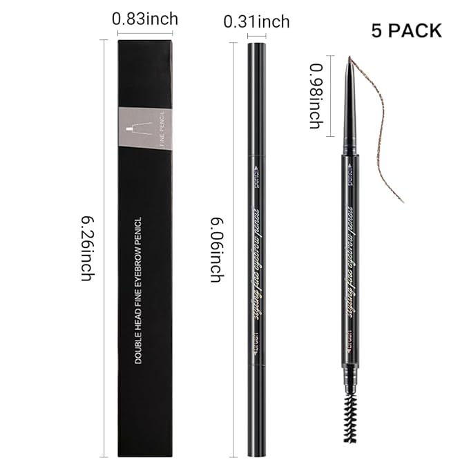 5 Pcs Dual-Sided Auto-rotate Ultra-Fine Tip Eye Brow Pencils Pack,Draws Tiny Precise Brow Makeup, Defines, Fills Brows, Shapes, Contours, Combs, ‌1mm Pen Point (Black+3*Light Brown+Gray)