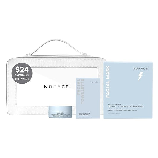 NuFACE Ultimate Glow Skincare Kit - Limited Edition Holiday Gift Set with Hydrogel Power Mask, Under Eye Patches, Prep-N-Glow Facial Wipes & Luxe Bag - Hydrating Skincare to Prep for Microcurrent, 4ct