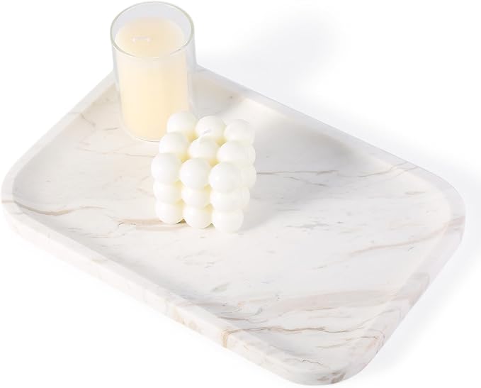 Karibiber Marble Vanity Tray, Marble Bathroom Tray Countertop, Decorative Trays for Dresser Organizer, White Stone Storage Serving Trays for Kitchen, Perfume, Jewelry Cathall Holder
