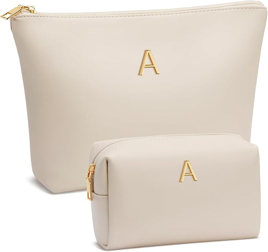 Women Gifts | Initial Makeup Bag Set for Girl Personalized Gifts for Bridesmaid Friend Graduation Teachers PU Leather Cosmetic Travel Toiletry Bag(Beige,A)