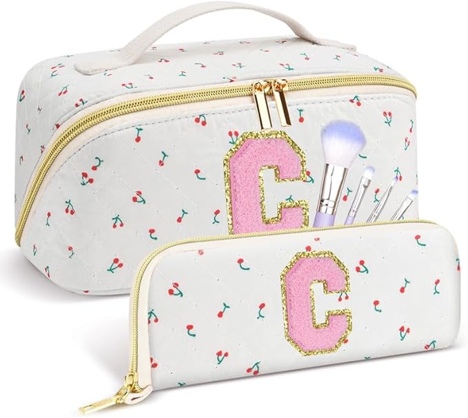 Personalized Travel Makeup Bag Set, Initial Cute Cherry Makeup Organizer Bag, Toiletry Skincare Cosmetic Bag, Valentine’s Day Gifts for Women/Girls, Open Flat Toiletry Pouch with Brush Pocket