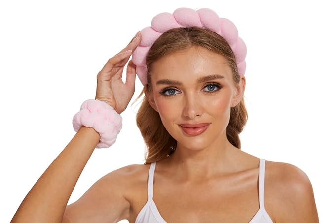 OCTAZI Soft Puffy Headband for Washing Face – Terry Cloth Skincare & Makeup Removal Hair Band for Women & Girls | Non-Slip Bubble Spa Headbands for Facial, Exfoliating, Bath & Beauty Routine