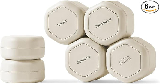Cadence Travel Containers - 6 Piece Haircare Set - Magnetic Travel Capsules - 2 Small & 4 Medium Capsules - Shampoo, Conditioner, Leave-In Conditioner, Comb, Hair Serum, Hair Gel Labels - Sand