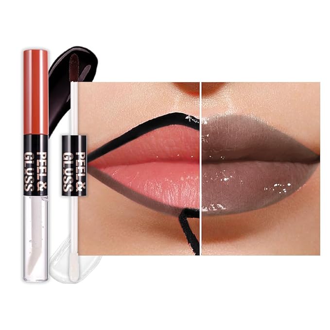 JUAAZIN Lip Stain Peel Off Lip Gloss oil Dual-Ended Combo, Brown Lips Liner Stain Peel Off Tattoo, Long Lasting & Waterproof, Transfer-Proof Lip Tint Stain with Lip oil for All Skin Type 06#