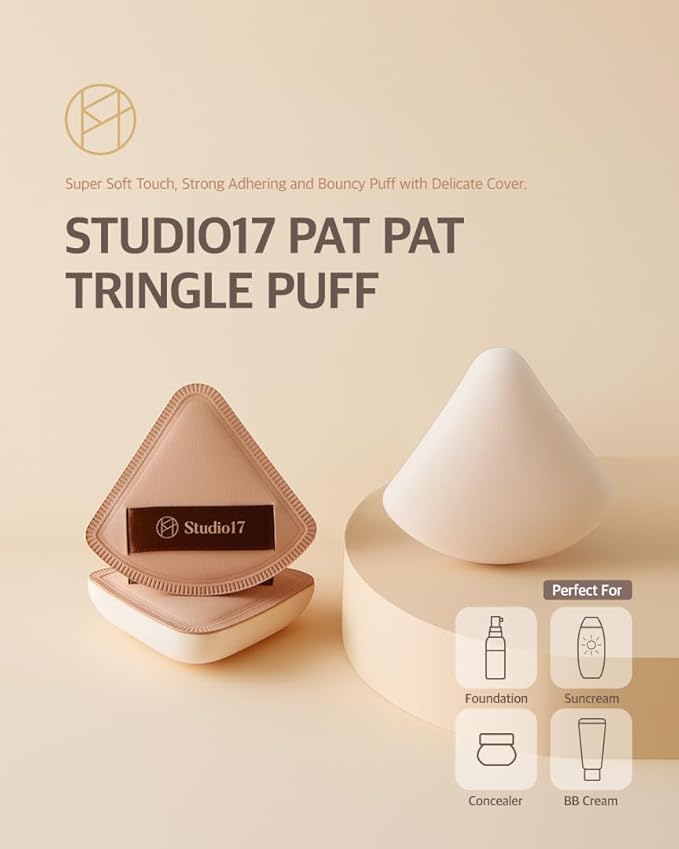 STUDIO17 Pang Pang Triangle Makeup Powder Puff 1 Pc | Latex Big Makeup Sponge for Foundation | Fluffy Cushion Puff with Narrow Tip | Korean Makeup Puff for Foundation and Powder | 2.2In Diamater