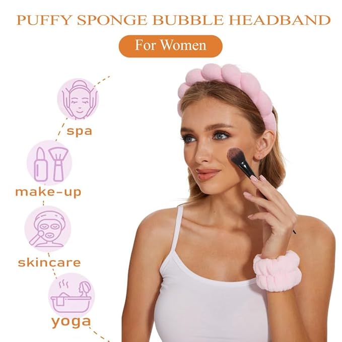 OCTAZI Soft Puffy Headband for Washing Face – Terry Cloth Skincare & Makeup Removal Hair Band for Women & Girls | Non-Slip Bubble Spa Headbands for Facial, Exfoliating, Bath & Beauty Routine