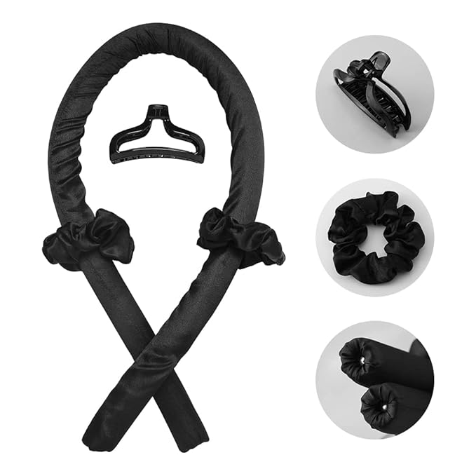 Heatless Curling Rod Headband No Heat Silk Ribbon Curling Rod Hair Roller Curls with Hair Claw Clip Lazy Natural Soft Wave DIY Hair Rollers Styling Tool for Sleep in Overnight (Black)