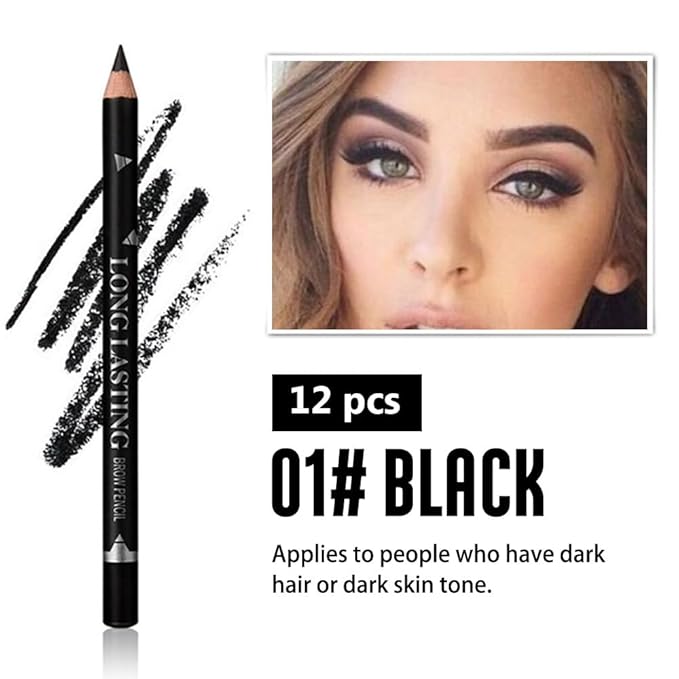 Eyebrow Pencils for Women, 12Pcs Hard-Core Wooden Eye Brow Eye Liner Pen for Beginner Makeup, Waterproof & Sweat-Proof (12Pcs-Black-Eyebrow Pencils)