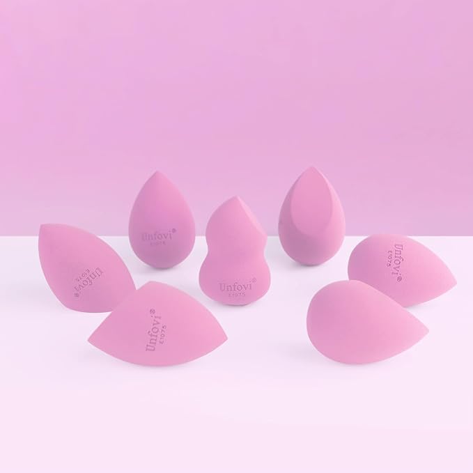 Makeup Sponge Set (4 Shapes 7 pcs) - Latex-Free Blending Sponge for Liquid, Cream & Powder, Soft Reusable Beauty Sponge for Wet/Dry Application, Face Foundation Blender (Pink)