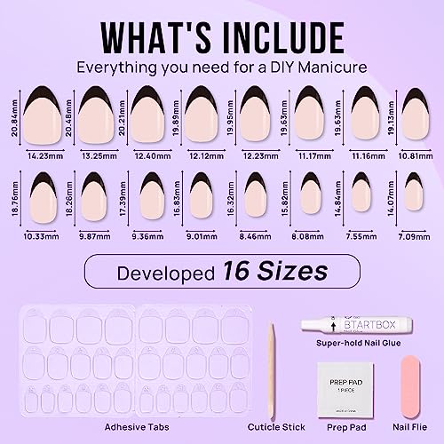BTArtbox French Tip Press On Nails, Almond, Supremely Fit, Natural, Reusable Short Glue/Stick On Nails for Women Gift in 16 Sizes, Black French, 32 Fake Nails Kit