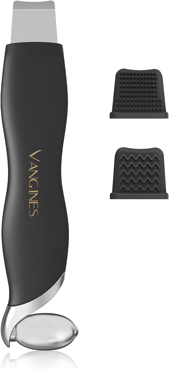 Vangines Blackhead Scraper Tool & Skin Scrubber Face Spatula for Blackhead Removal, Pore Cleaning, with Cooling Ice Roller & 2 Silicone Brush Heads (Charcoal Black)
