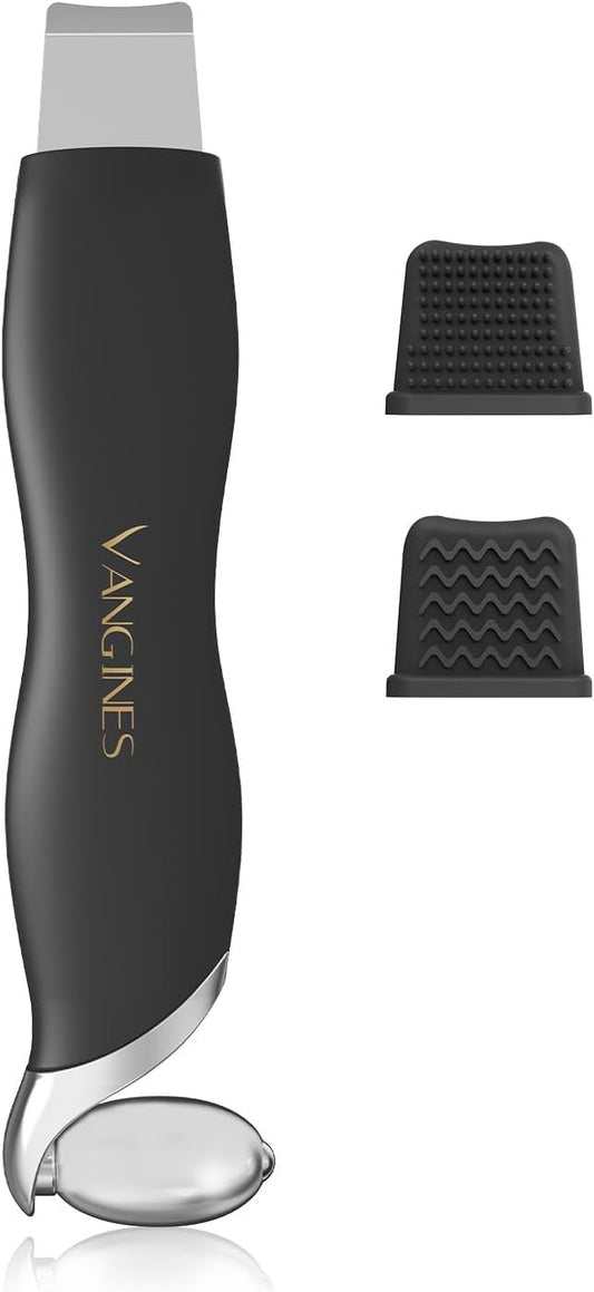 Vangines Blackhead Scraper Tool & Skin Scrubber Face Spatula for Blackhead Removal, Pore Cleaning, with Cooling Ice Roller & 2 Silicone Brush Heads (Charcoal Black)