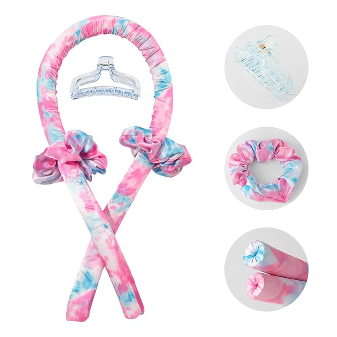 Heatless Curling Rod Headband No Heat Silk Ribbon Curling Rod Hair Roller Curls with Hair Claw Clip Lazy Natural Soft Wave DIY Hair Rollers Styling Tool for Sleep in Overnight (fen-lan)