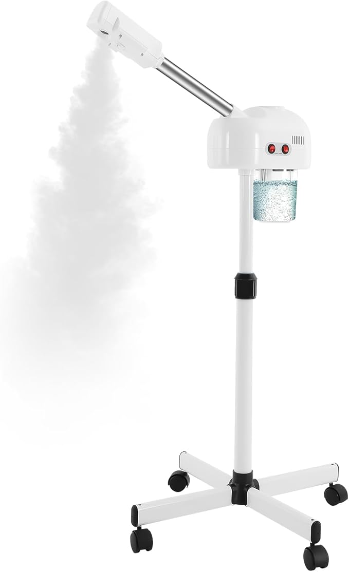 Facial Steamer & Professional Ozone Face Steamer, Adjustable Height Steamer on Wheels with 360° Rotating Nozzle and Hot Mist Function, Home and Salon Use Facial Care Equipment