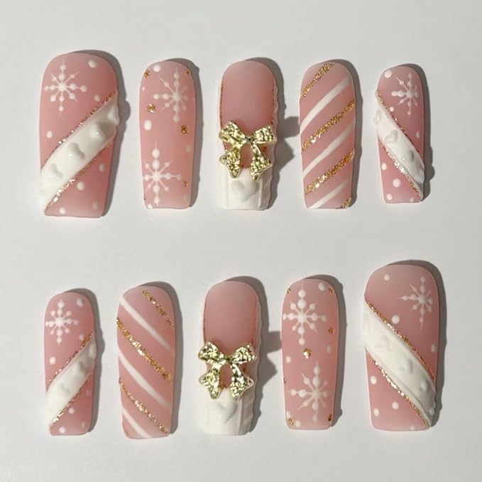 Christmas Press On Nails MAGLFELL Handmade Square Fake Nails, Painting Snowflakes and Gold Plated Bow Design,10 Pcs Reusable ABS Material Acrylic Fingernail Tip Salon Artificial Nails Kit (Size S)