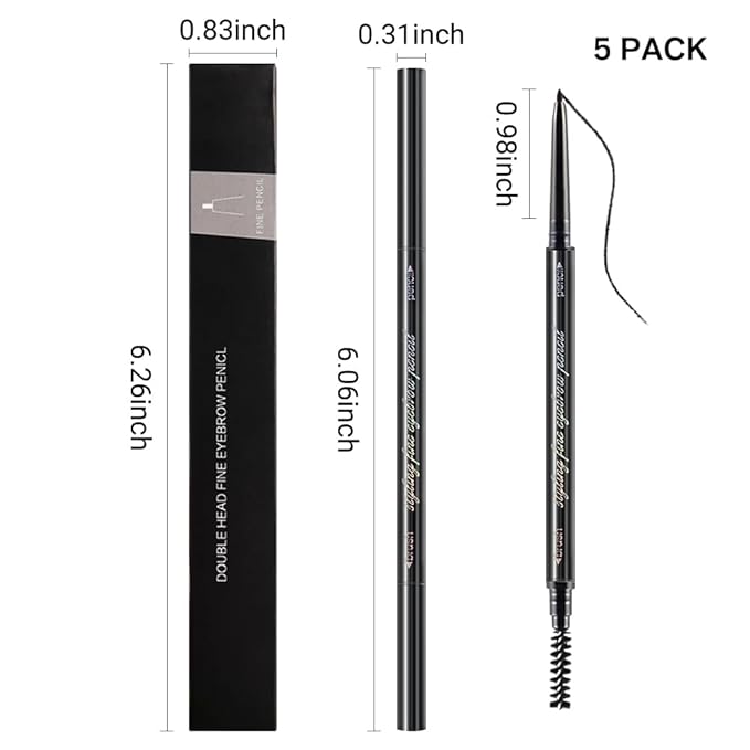5 Pcs Dual-Sided Auto-rotate Ultra-Fine Tip Eye Brow Pencils Pack,Draws Tiny Precise Brow Makeup, Defines, Fills Brows, Shapes, Contours, Combs, ‌1mm Pen Point (Black+3*Dark Brown+Gray)
